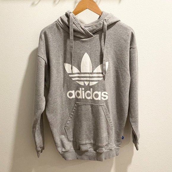 Adidas Adicolor Trefoil Drawcord-Adjustable Hoodie in Medium Grey Heather - Picture 2 of 5